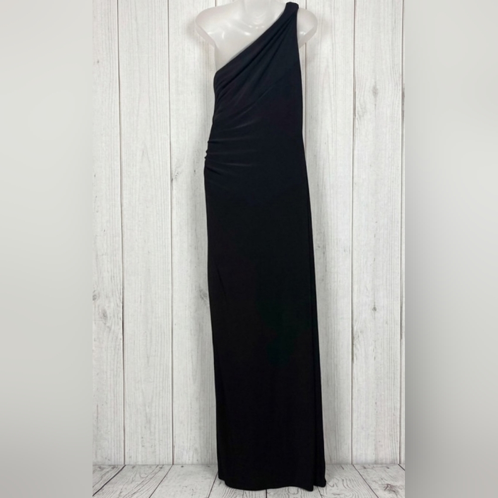 NWT Lauren Ralph Lauren Black One-Shoulder Ruched Gown 4 Tall Friendly Gala - Picture 3 of 16
